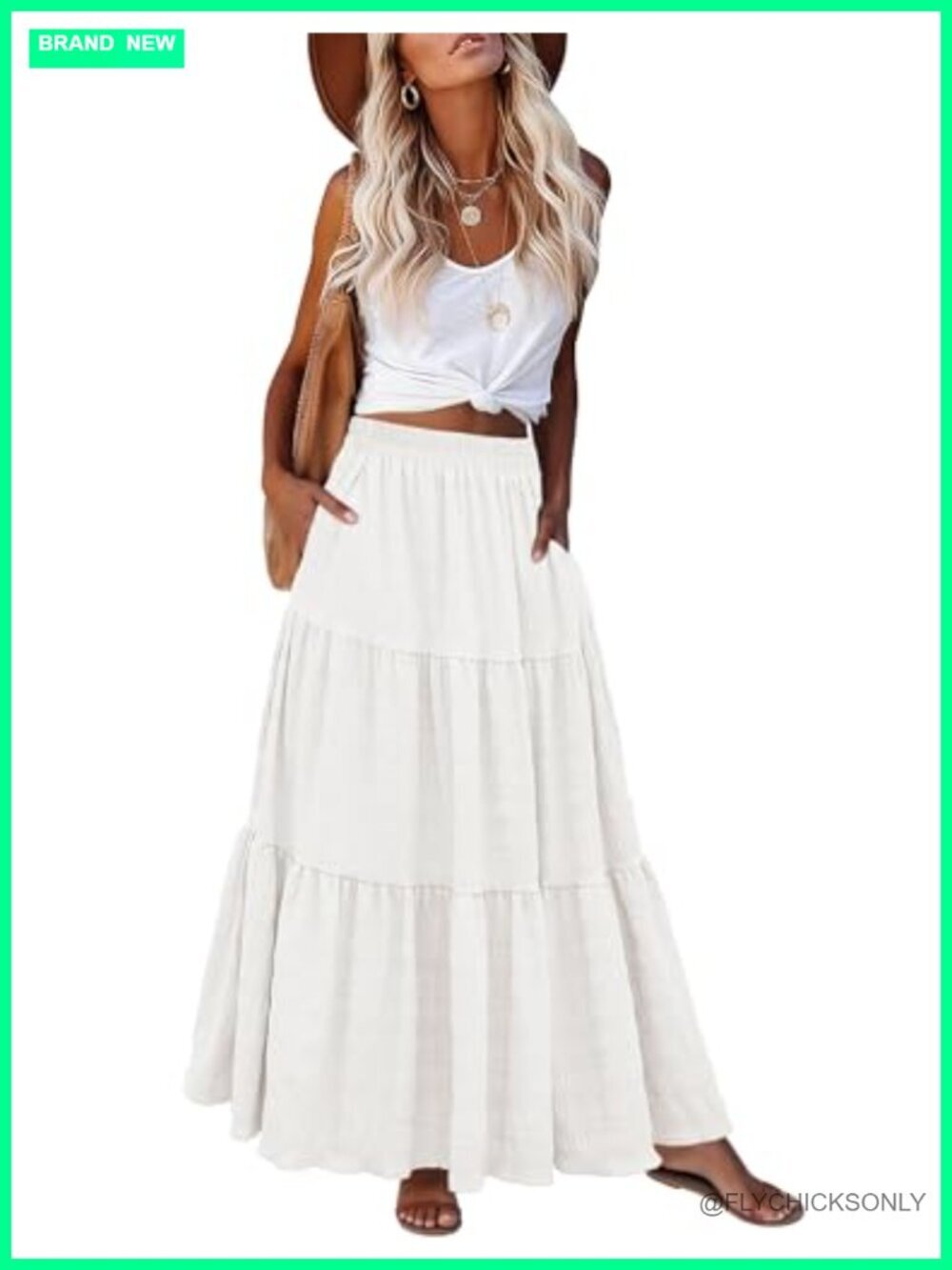 Boho Flowy Maxi Skirt with Pockets High Waisted A-Line Tiered